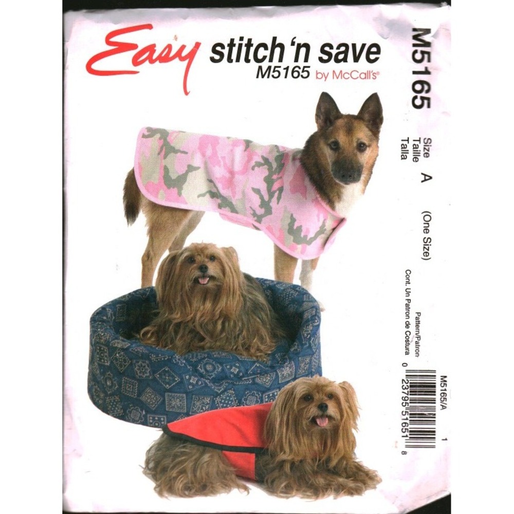 McCalls M5165 Stitch n Save Pet Accessories Sewing Pattern Dog Coat Bed Size A